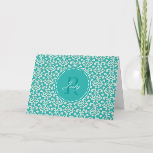 Cartes de note turquoises de monogramme de damassé (Devant)
