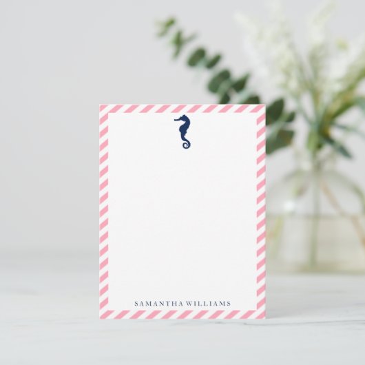 Cartes de notes Cheval Marin Bleu sur Rayures Rose (Debout devant)