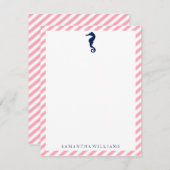 Cartes de notes Cheval Marin Bleu sur Rayures Rose (Devant / Derrière)