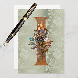 Cartes de notes lettre I florale Steampunk vintage