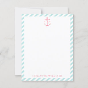 Cartes de notes monogrammes à l'ancre rose sur ray