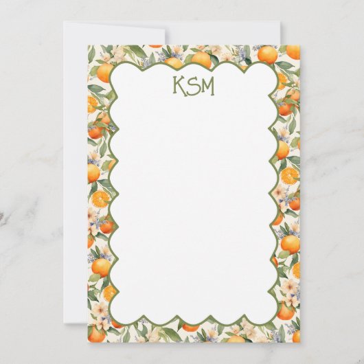 Cartes de notes pour monogramme orange en fleurs (Devant)