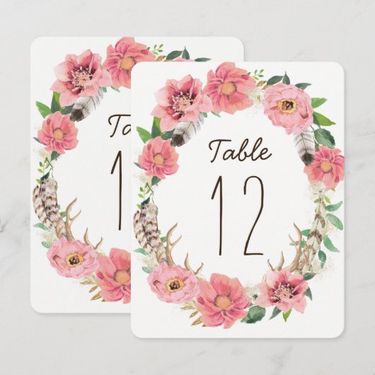 Cartes de numéro de table à plumes bohèmes aquarel (Devant / Derrière)