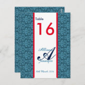 Cartes de Numéro de Table Damask Bleu (Devant / Derrière)