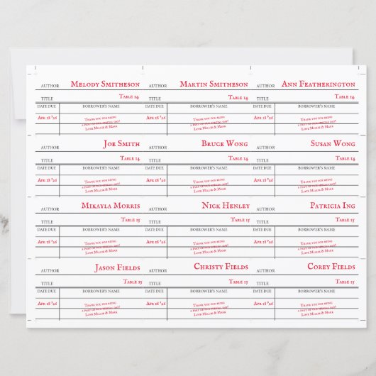 Cartes de numéro de table de bibliothèque personna (Devant)