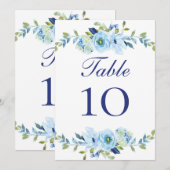Cartes de numéro de table de mariage floral bleu-v (Devant / Derrière)