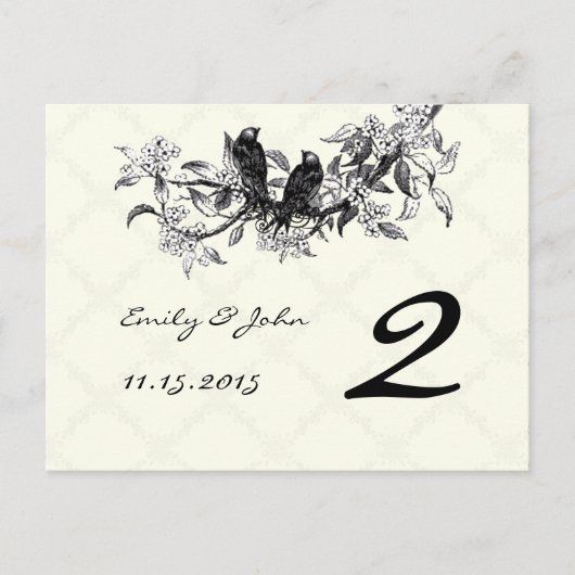 Cartes de numéro de table de mariage oiseaux vinta (Devant)