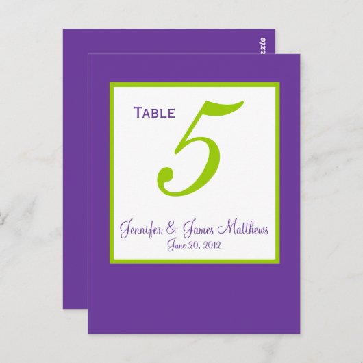 Cartes de numéro de table de Mariage vert pourpre (Devant / Derrière)