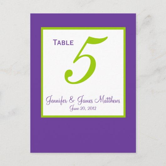 Cartes de numéro de table de Mariage vert pourpre (Devant)