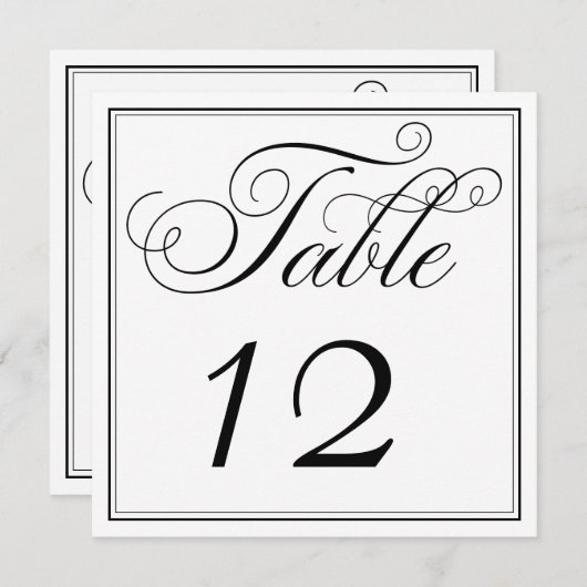 Cartes de numéro de table de script noir et blanc  (Devant / Derrière)