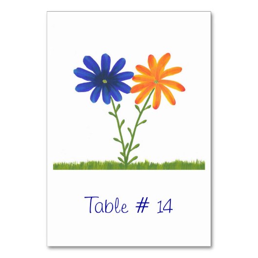 Cartes de numéro de table Fleurs Bleues et Orange (Dos)
