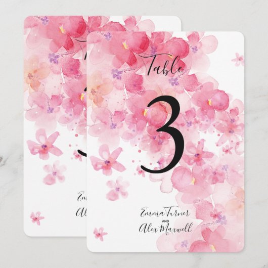 Cartes de numéro de table Fleurs romantiques roses (Devant / Derrière)