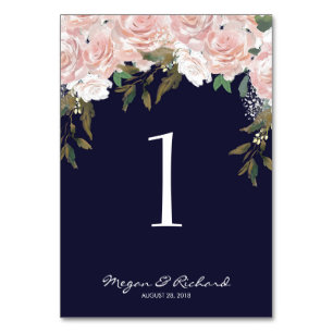 Cartes de numéro de table mariage bleu marine rose
