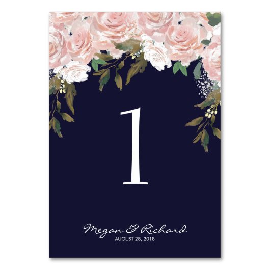 Cartes de numéro de table mariage bleu marine rose (Dos)