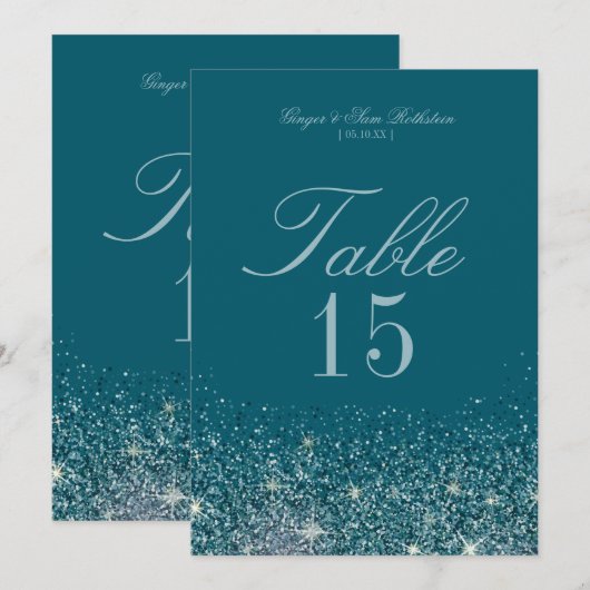 Cartes de numéro de table Pailletées Sarcelle & Me (Devant / Derrière)