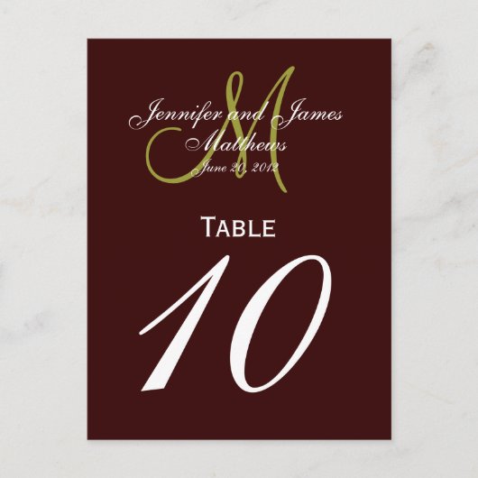 Cartes de numéro de tableau Brown Green Monogram M (Devant)
