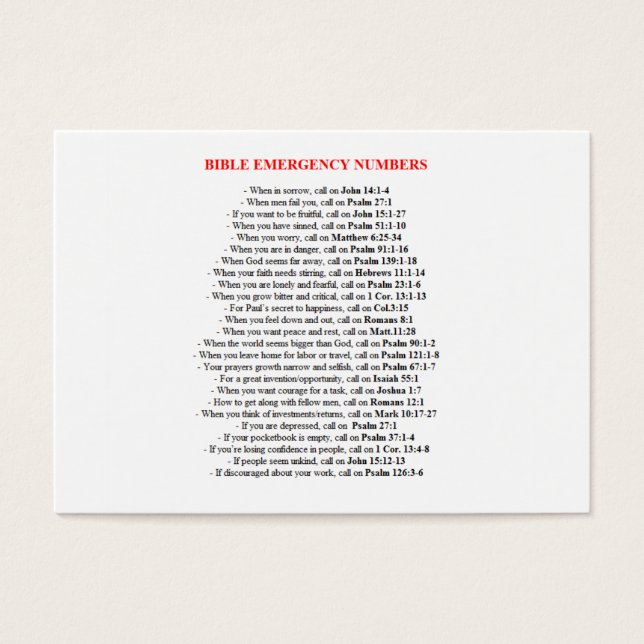 CARTES de numéros bibliques d'urgence (Devant)