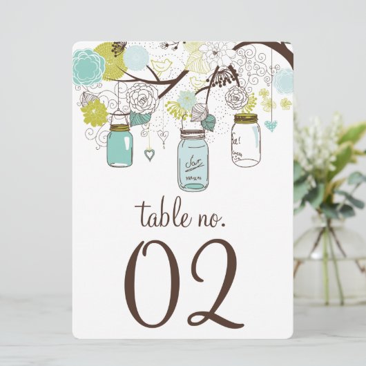 Cartes de numéros de table avec pots Mason bleus e (Debout devant)