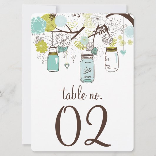 Cartes de numéros de table avec pots Mason bleus e (Devant)