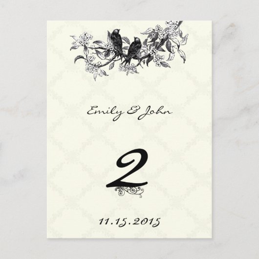 Cartes de numéros de table de mariage oiseaux vint (Devant)