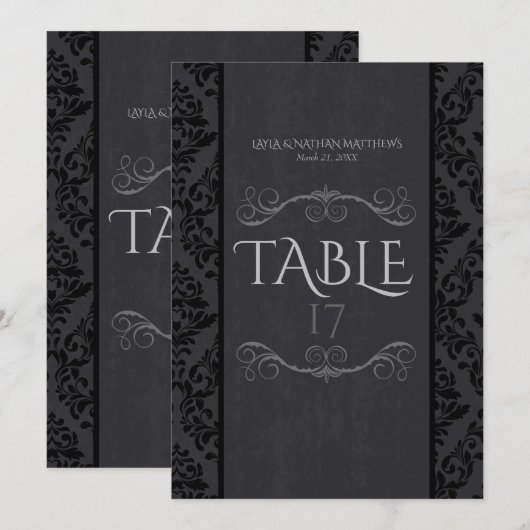 Cartes de numéros de table en damassé noir et gris (Devant / Derrière)