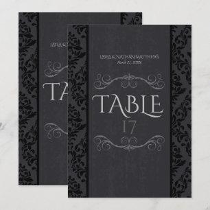 Cartes de numéros de table en damassé noir et gris