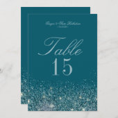 Cartes de numéros de table pailletées sarcelle et (Devant / Derrière)