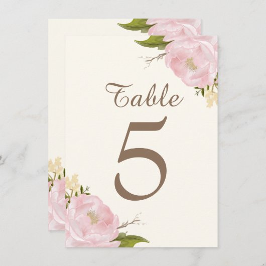 Cartes de numéros de table pour mariage aux pivoin (Devant / Derrière)