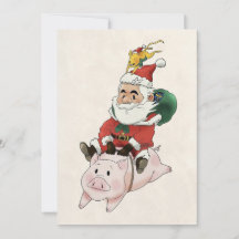 Cartes de Père Noël montant un cochon avec une sou