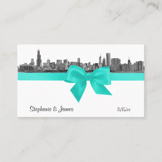 Cartes de place Aqua BW Etched de Chicago Skyline  (Devant)