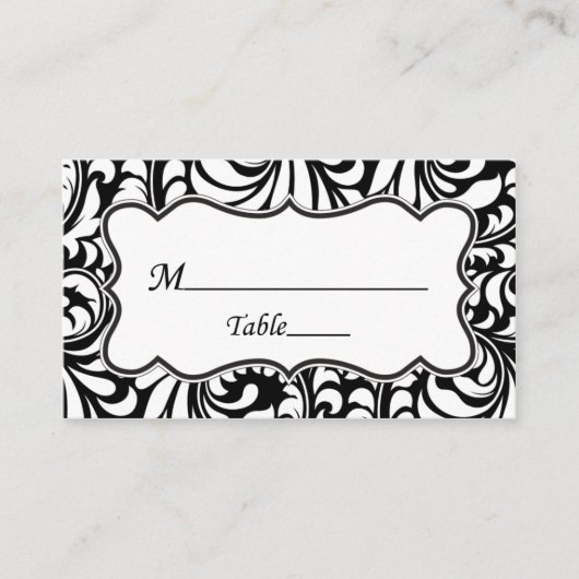 Cartes de Place Mariage damassé Blanc Noir Élégant (Devant)