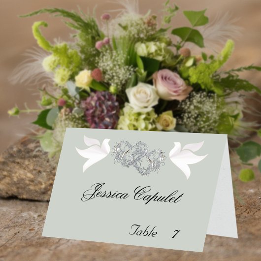 Cartes de placement Argent/Sage Colombes & Cœurs E