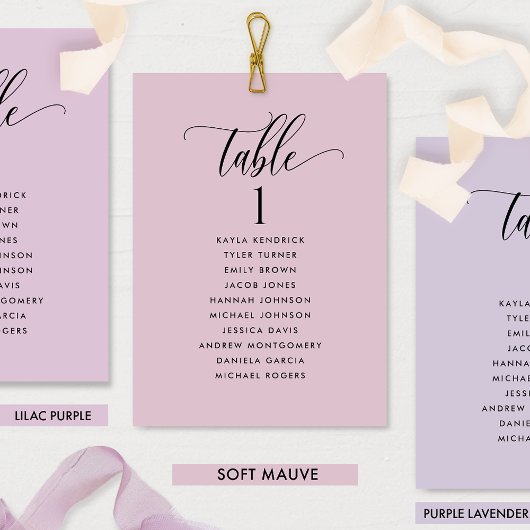 Cartes de plan d'assise mauve douce avec nom d'inv
