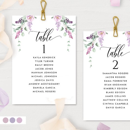 Cartes de plan de placement à fleurs pastel avec n