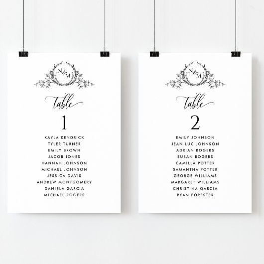 Cartes de plan de placement avec monogramme et nom