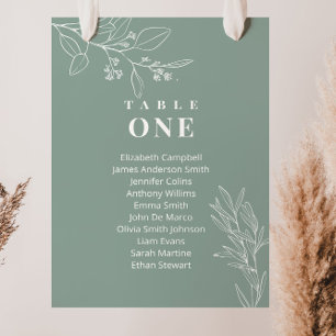 Cartes de plan de table de mariage vert sauge flor