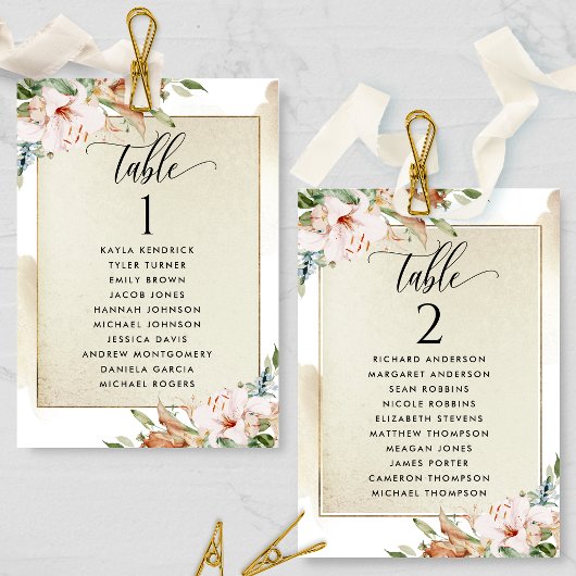 Cartes de plan de table dorées et roses avec noms