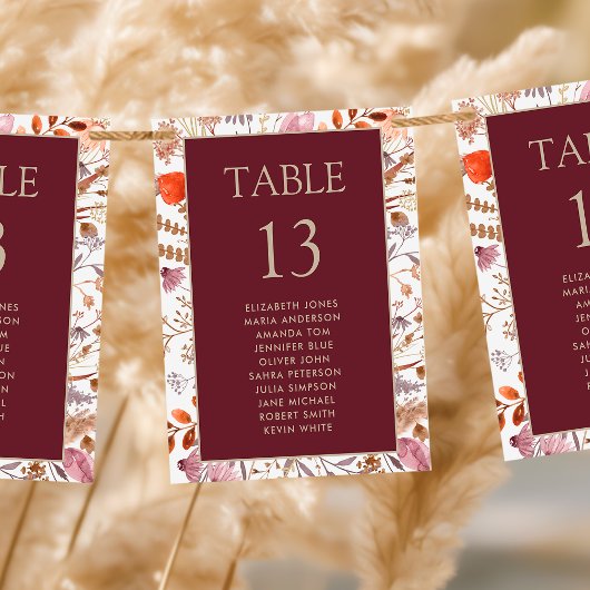 Cartes de plan de table Fleurs sauvages Boho pour 