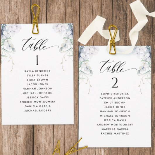 Cartes de plan de table florales bleues blanches a