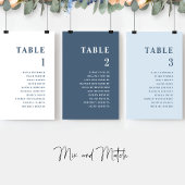 Cartes de plan de table minimales bleues avec noms