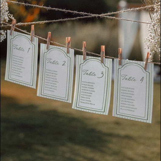 Cartes de plan de table rayées pour mariage vert