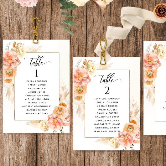 Cartes de plan de table rose pêche avec noms des i