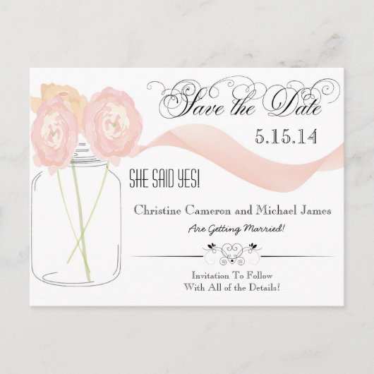 Cartes de préavis de mariage en pot Mason floral (Devant)