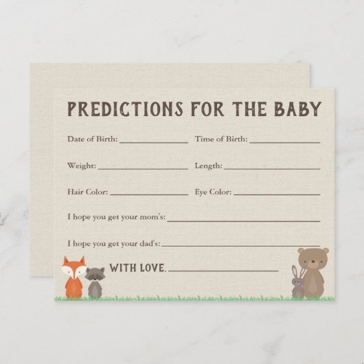 Cartes de prédictions bébé forêt pour Baby Shower (Devant / Derrière)