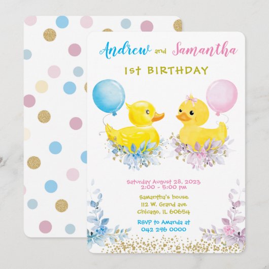 Cartes de premier anniversaire de canard en caoutc (Devant / Derrière)