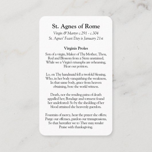Cartes de prière | Agnes de Rome 2 (Dos)