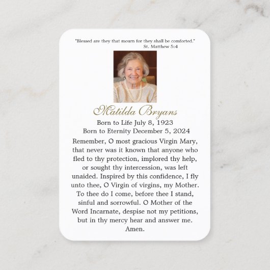 CARTES DE PRIÈRE MATILDA FUNERAL (Dos)