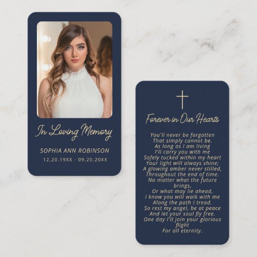 Cartes de prière or bleu simple pour funérailles (Devant / Derrière)