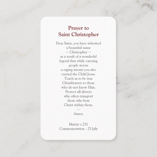 Cartes de prière | Prière à St Christopher (Dos)