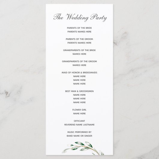 Cartes de programme de mariage à branches simples (Dos)